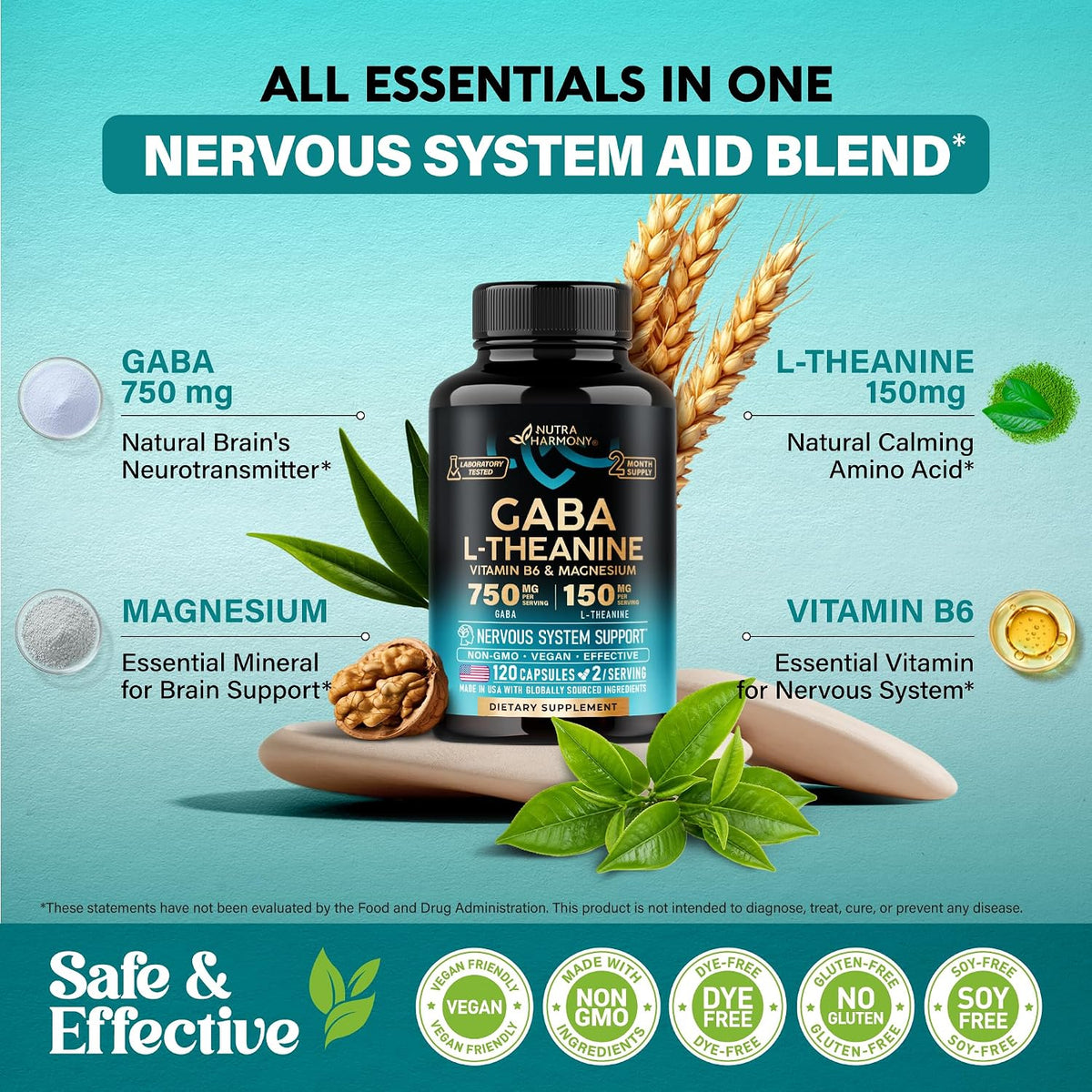 NutraHarmony GABA L-Theanine wellness supplement back label