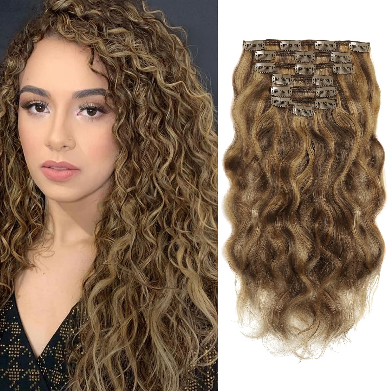 Caliee natural wave curly clip in extensions front view