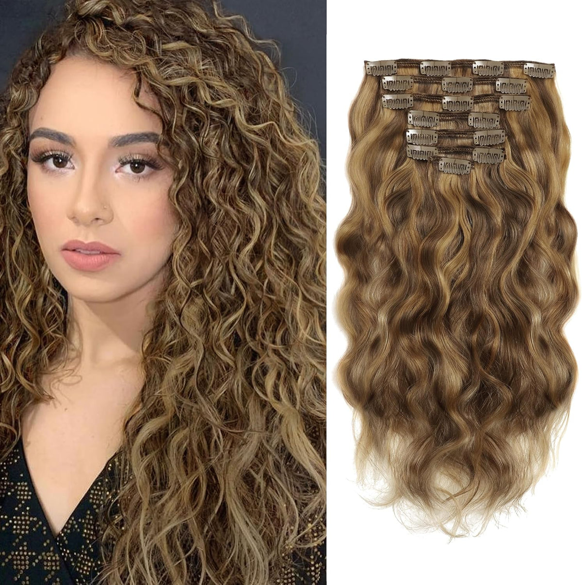 Caliee natural wave curly clip in extensions front view
