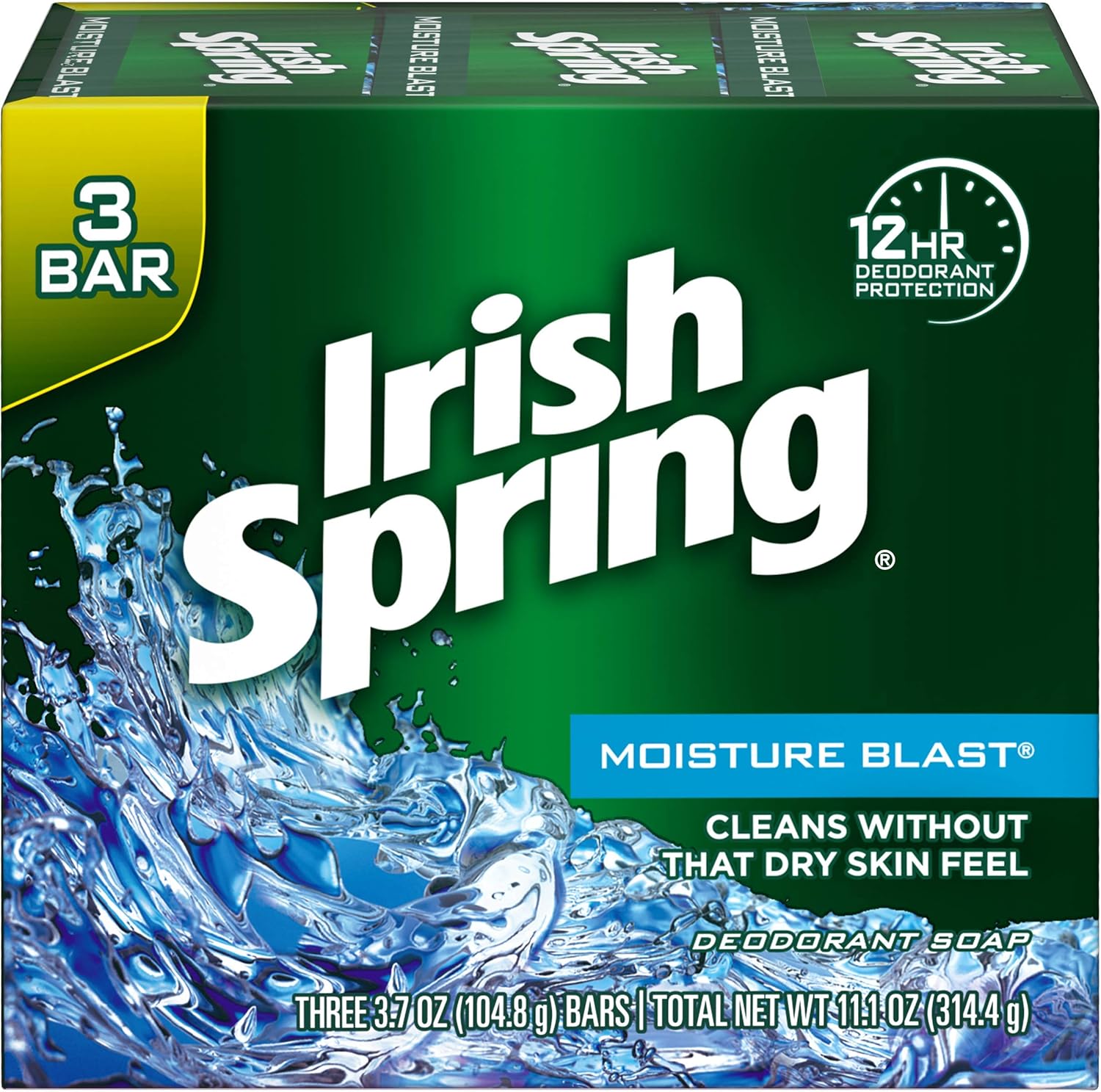Irish Spring Moisture Blast Deodorant Soap front view of 3 pack