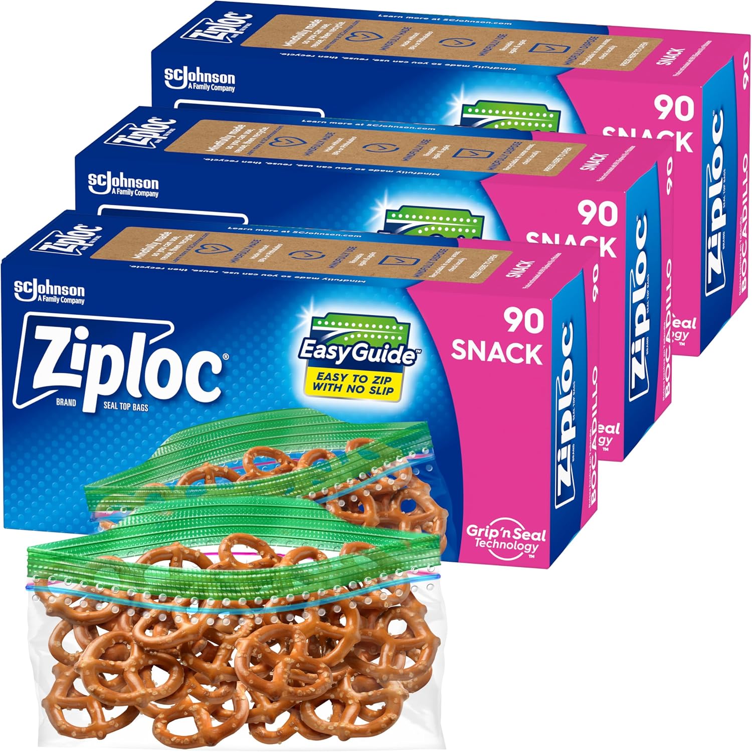 Ziploc snack bags front view packaging box