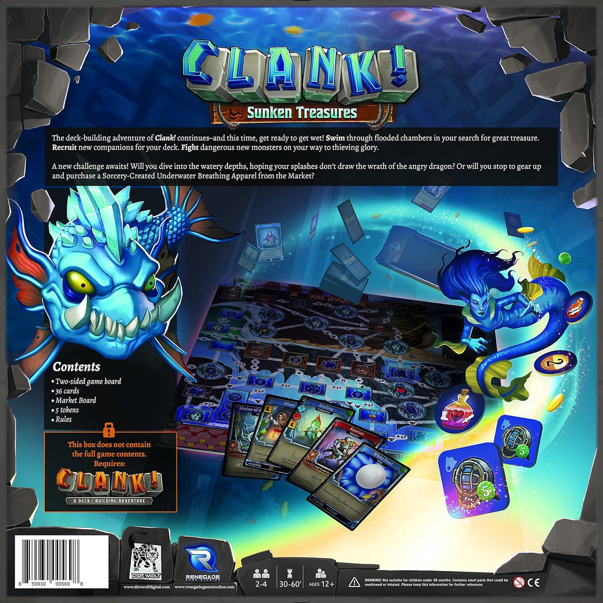 Dire Wolf Clank Sunken Treasures close-up of scuba market tokens