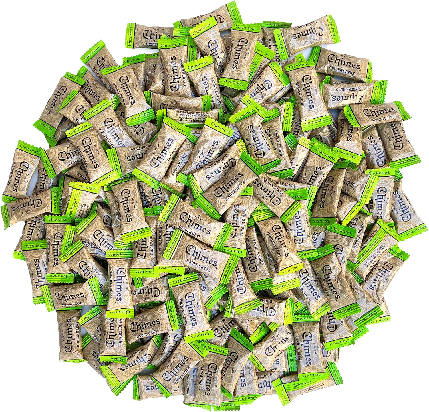 Chimes Original Ginger Chews 2 pound bulk bag front view showing natural ginger candy packaging.