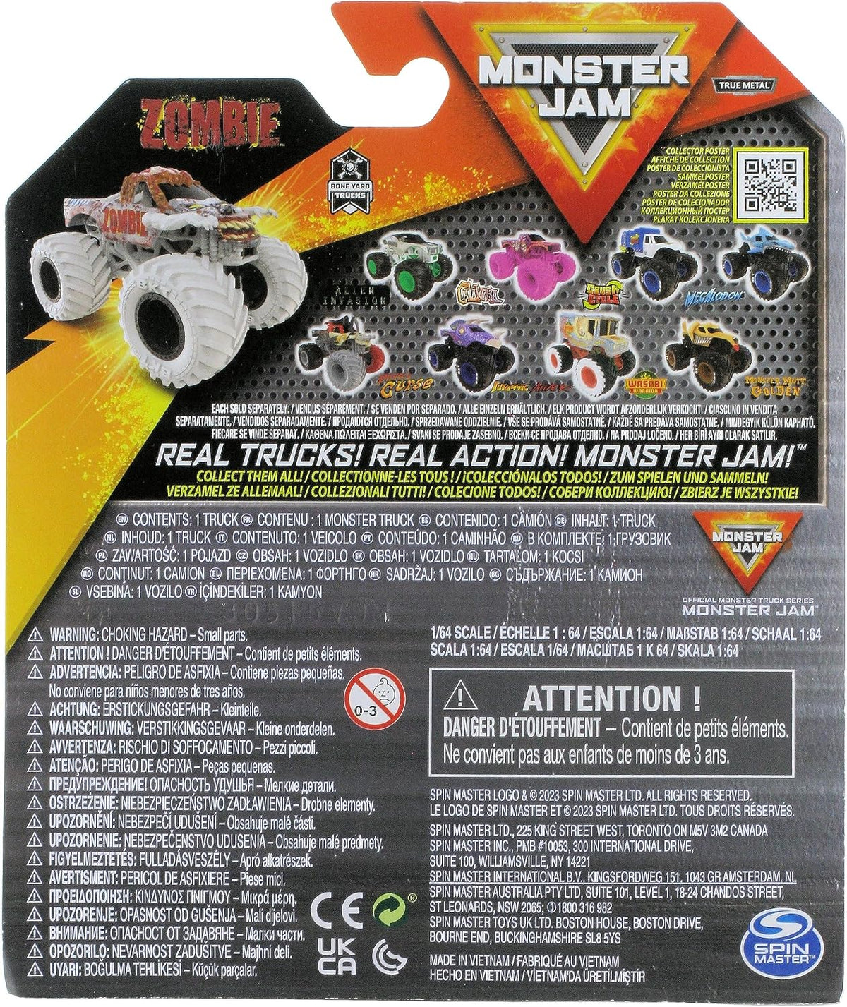 Monster Jam diecast truck packaging featuring QR code