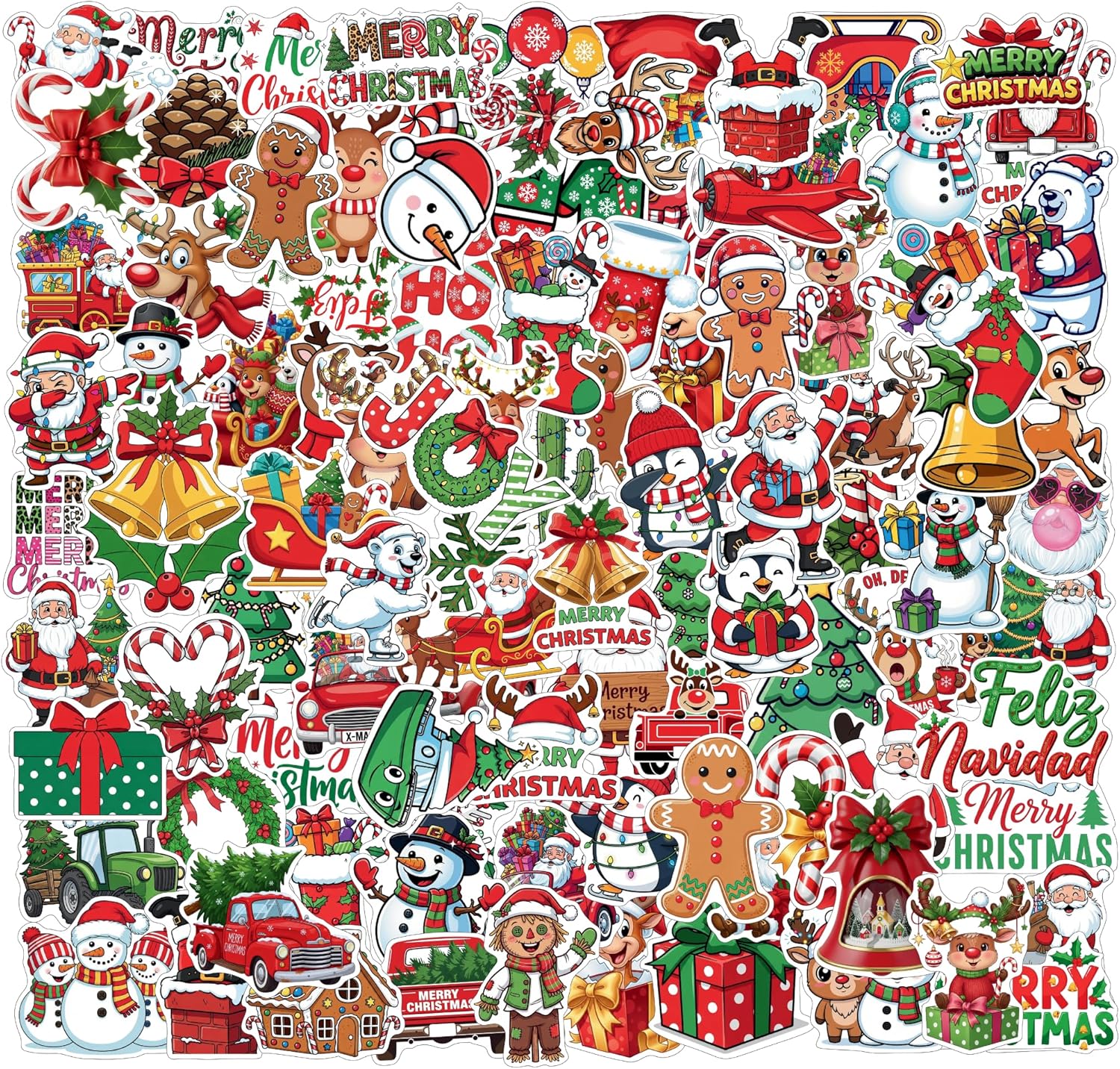 Meirrnyyu Christmas stickers 100 piece pack front view showcasing assorted festive holiday designs