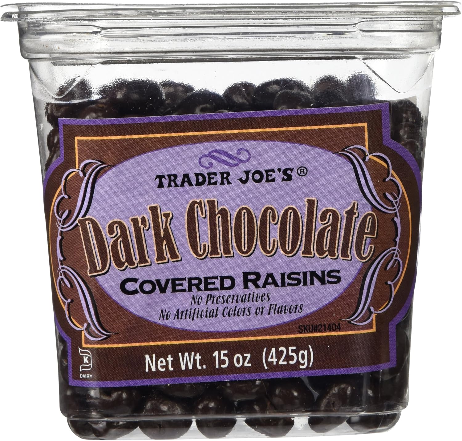 Trader Joe's Dark Chocolate Covered Raisins front view 15 ounce container