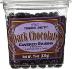 Trader Joe's Dark Chocolate Covered Raisins front view 15 ounce container