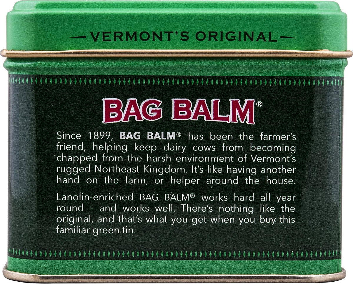 Back label details of Vermont's Original Bag Balm ingredients and usage