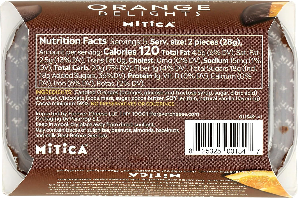 Close up of Mitica dark chocolate dipped orange slices