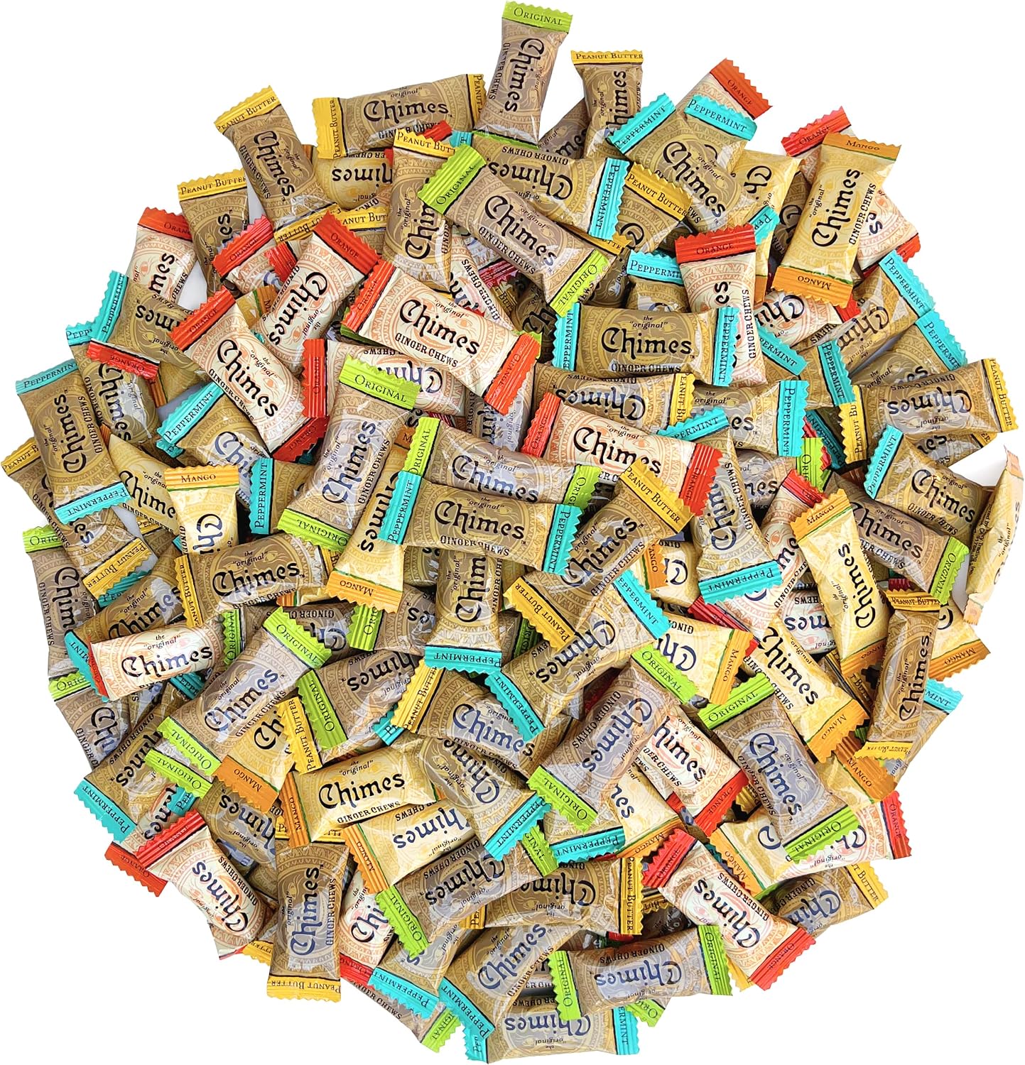 Say Good Chimes Ginger Chews Variety Pack front view of the large two pound bag filled with assorted healthy ginger candies.
