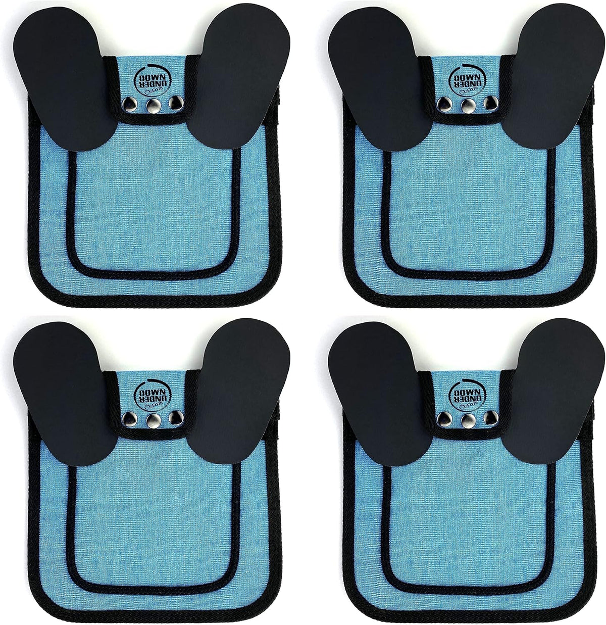 Pack of four mixed color protective hen saddles displayed flat.