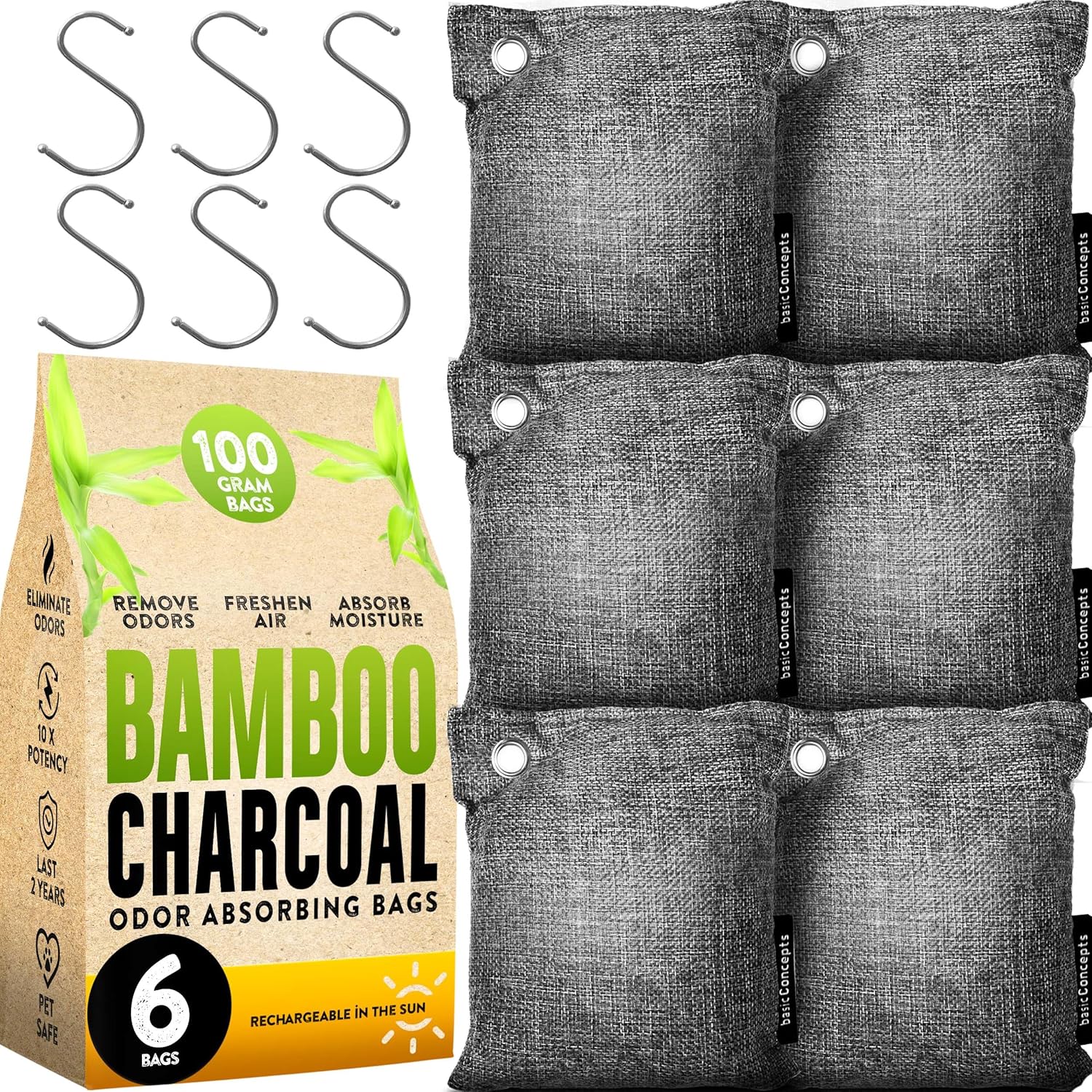 Basic Concepts Bamboo Charcoal Air Purifying Bag 6 pack front view natural deodorizer