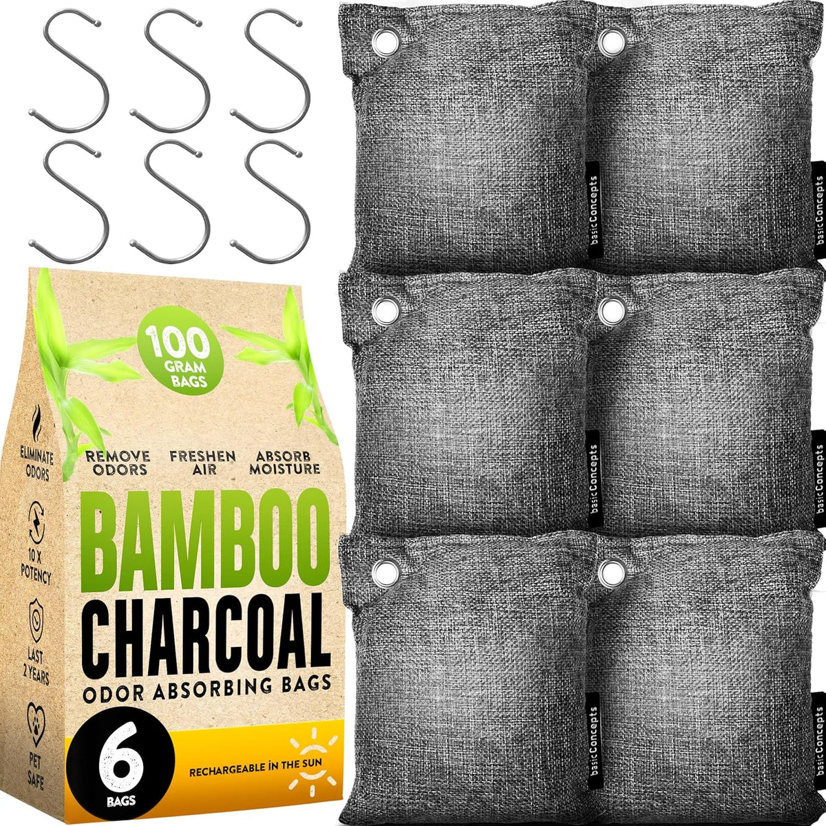 Basic Concepts Bamboo Charcoal Air Purifying Bag 6 pack front view natural deodorizer