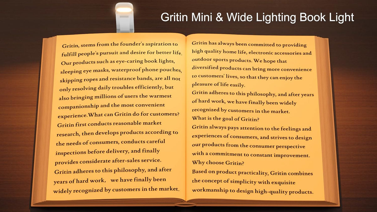 Gritin eye caring rechargeable book light illuminating open pages in a dark bedroom setting