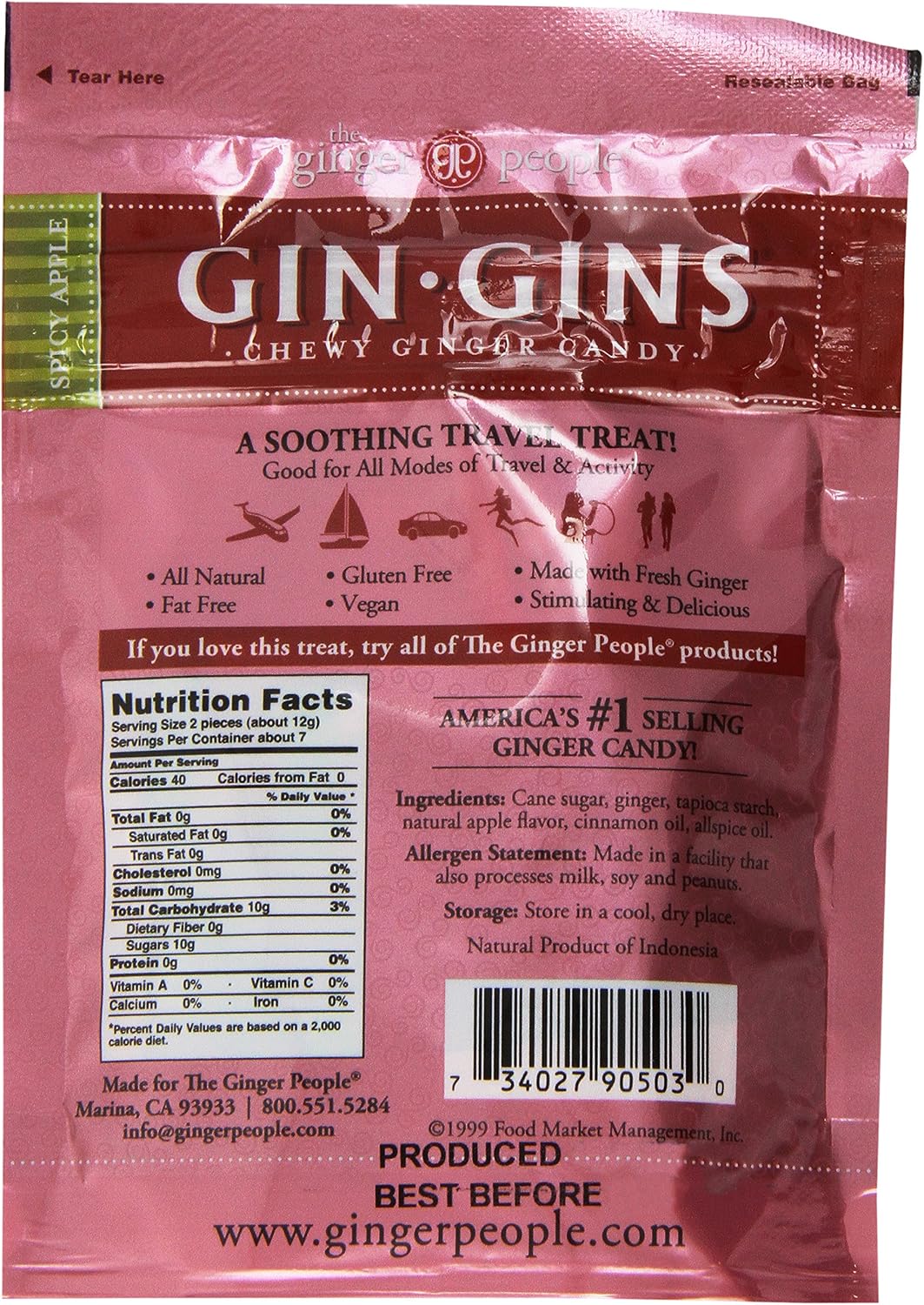 Three individual packs of The Ginger People Apple Ginger Chews arranged neatly to display the premium imported packaging