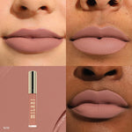 Swatches of Milani Stay Put longwear lip color on different skin tones illustrating the high pigment.