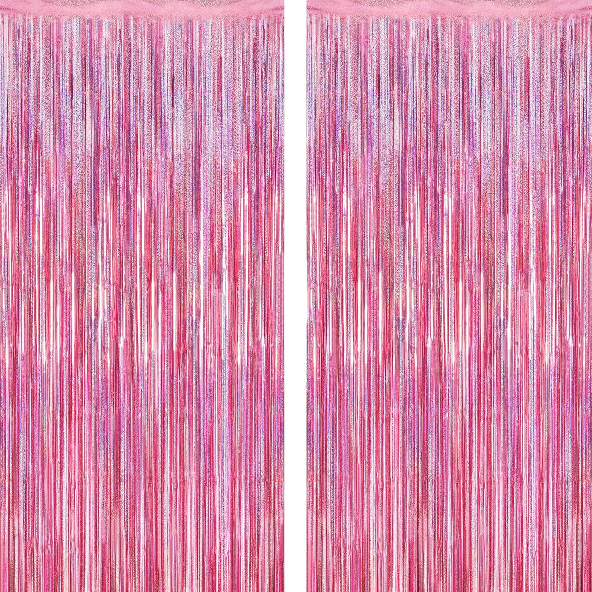 ZATAYE glitter pink foil fringe curtains front view showing shimmering laser metallic finish for party decoration