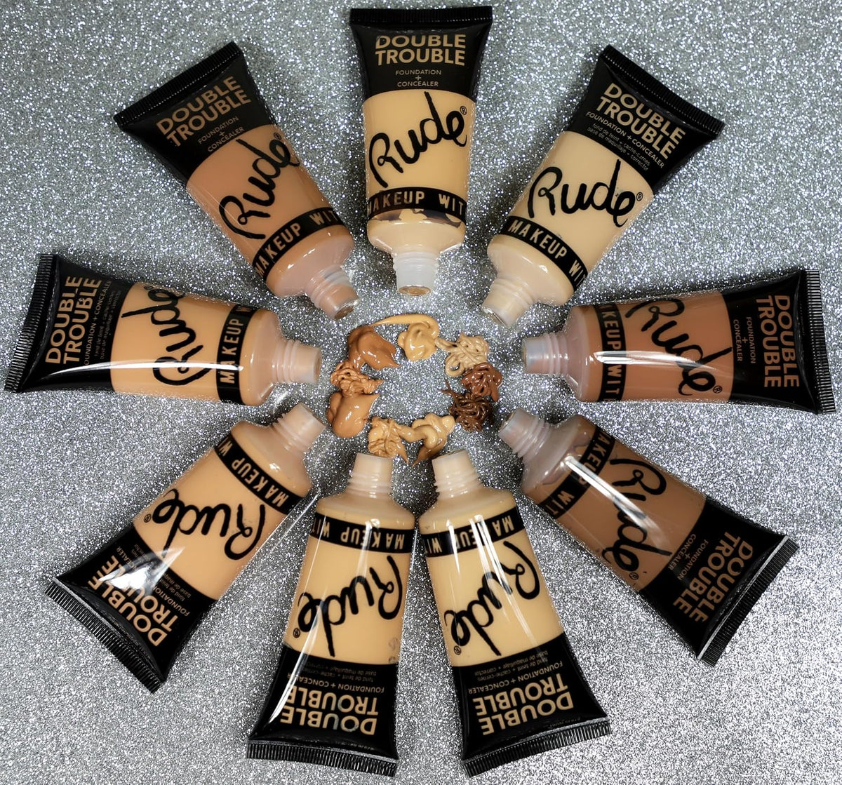 Rude Double Trouble dual action liquid foundation texture swatch