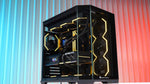 A vibrant custom computer desktop build illuminated by the synchronized 5V addressable RGB fans.