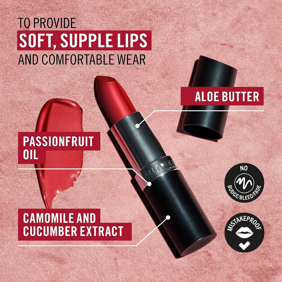 Rimmel London Lasting Finish Lipstick color swatch on skin