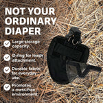Secure hook and loop closure tabs on black bird harness