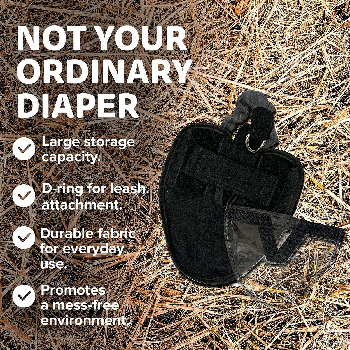 Secure hook and loop closure tabs on black bird harness