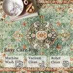 Low-pile profile view of the bohemian distressed green round rug