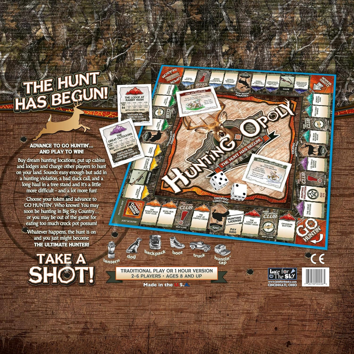 Late For The Sky Hunting-Opoly Board Game card deck and accessories