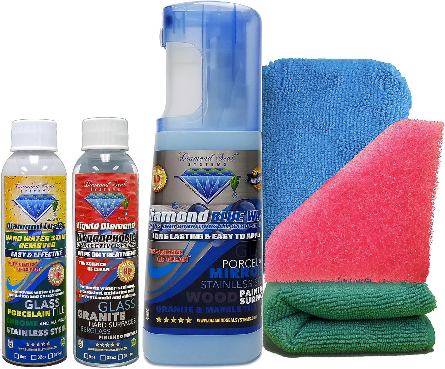 Diamond Seal Systems Forever Brilliant Glass Restoration Bath Kit front view showcasing the complete set of cleaning liquids and application pads.