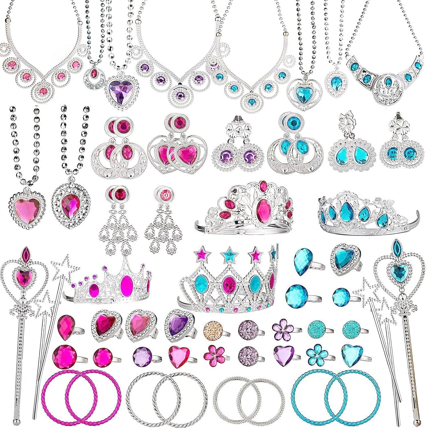 BeYumi 66 Piece Princess Pretend Jewelry Toy Set showing the full collection of tiaras and wands.