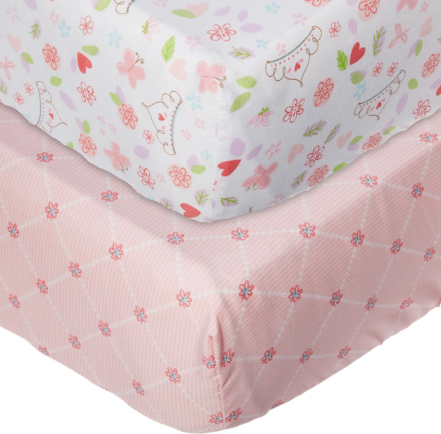 Disney Princess Happily Ever After fitted crib sheets two pack front view featuring pink and white butterfly patterns