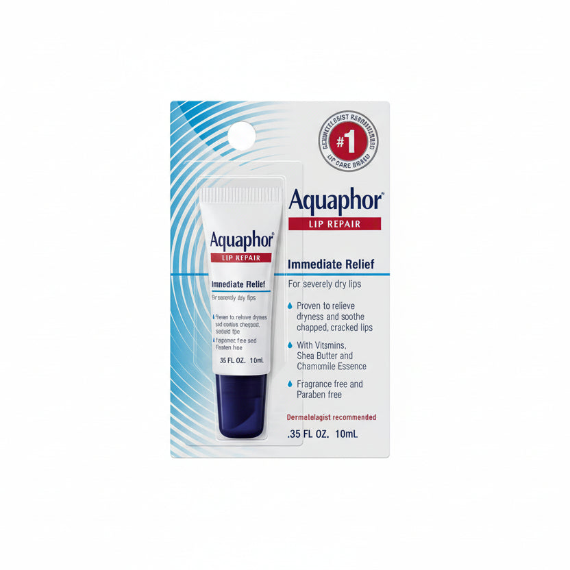 Aquaphor Lip Repair Ointment front view of packaging for dry lips