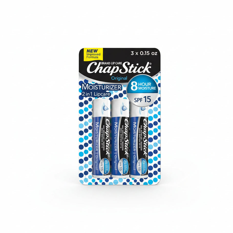 ChapStick Original Moisturizer Lip Balm SPF 15 three pack front view displaying authentic packaging.
