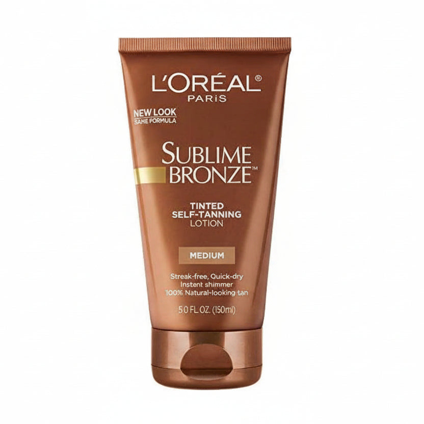 L'Oreal Paris Sublime Bronze Tinted Self Tanning Lotion front view showcasing the golden packaging
