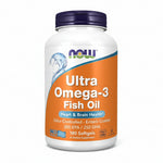 Now Foods Ultra Omega 3 Fish Oil 180 softgels bottle front view displaying high potency supplement labels.