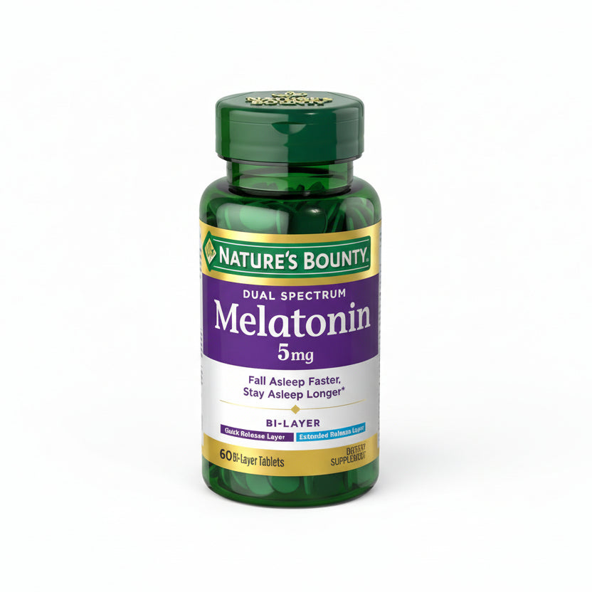 Nature's Bounty Dual Spectrum Bi-Layer Melatonin 5 mg bottle front view for imported sleep aid supplements in India.
