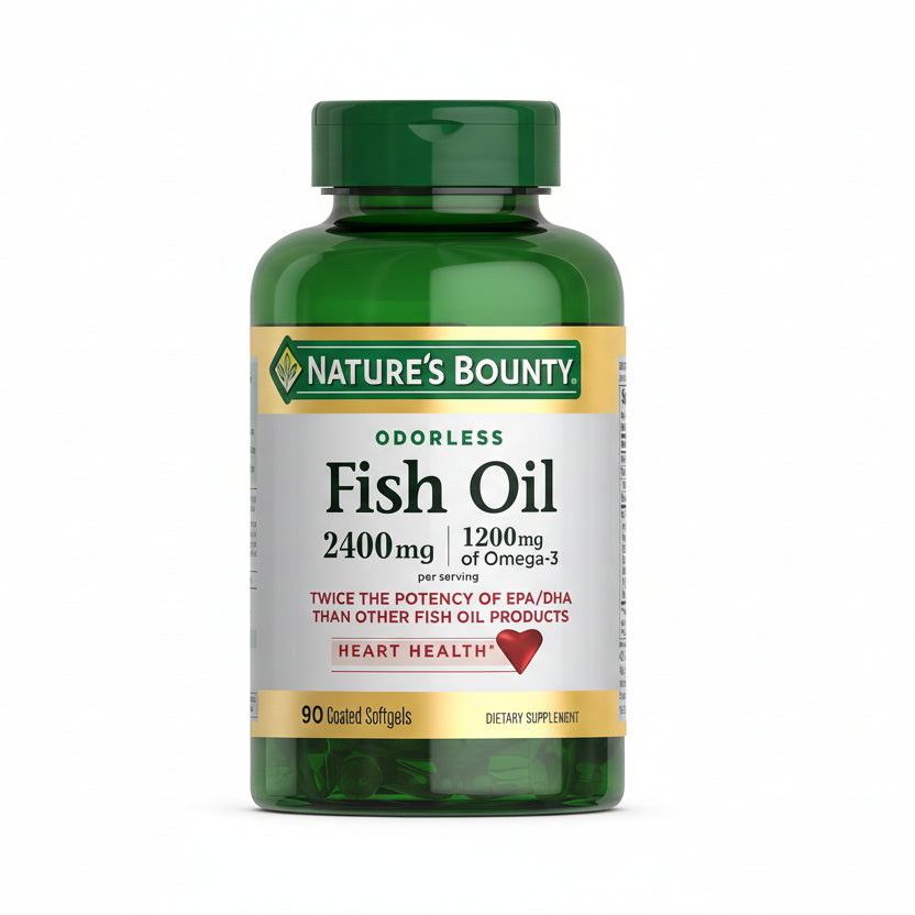 Nature's Bounty Fish Oil 2400 Milligram 90 Softgels front bottle view showing double strength omega-3 details.