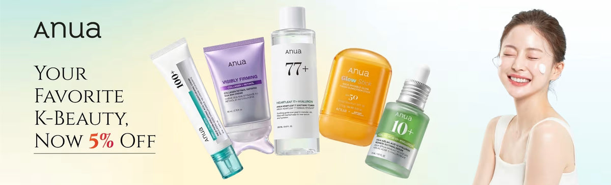 Anua K-Beauty sale India - 5% off Anua Heartleaf 77 Toner, Azelaic Acid Serum, Collagen Retinol Cream, Glow Stick Sunscreen