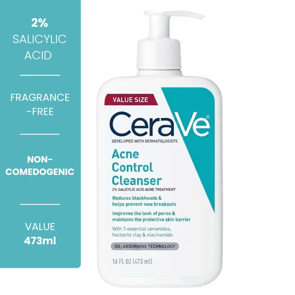 CeraVe Acne Control Cleanser 473ml value size - 2% salicylic acid face wash, fragrance-free, non-comedogenic