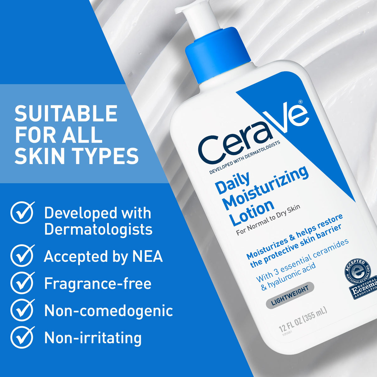CeraVe Daily Moisturizing Lotion suitable for all skin types - developed with dermatologists, fragrance-free, non-comedogenic, non-irritating