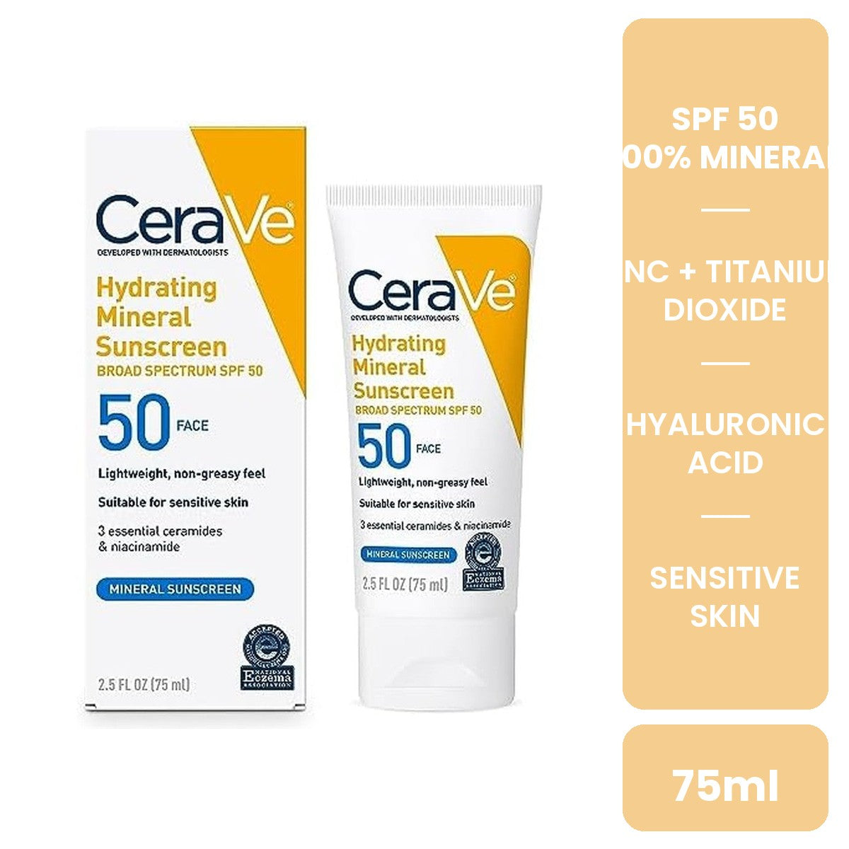 CeraVe Hydrating 100 percent Mineral Sunscreen SPF 50 face lotion 75ml with zinc oxide and titanium dioxide