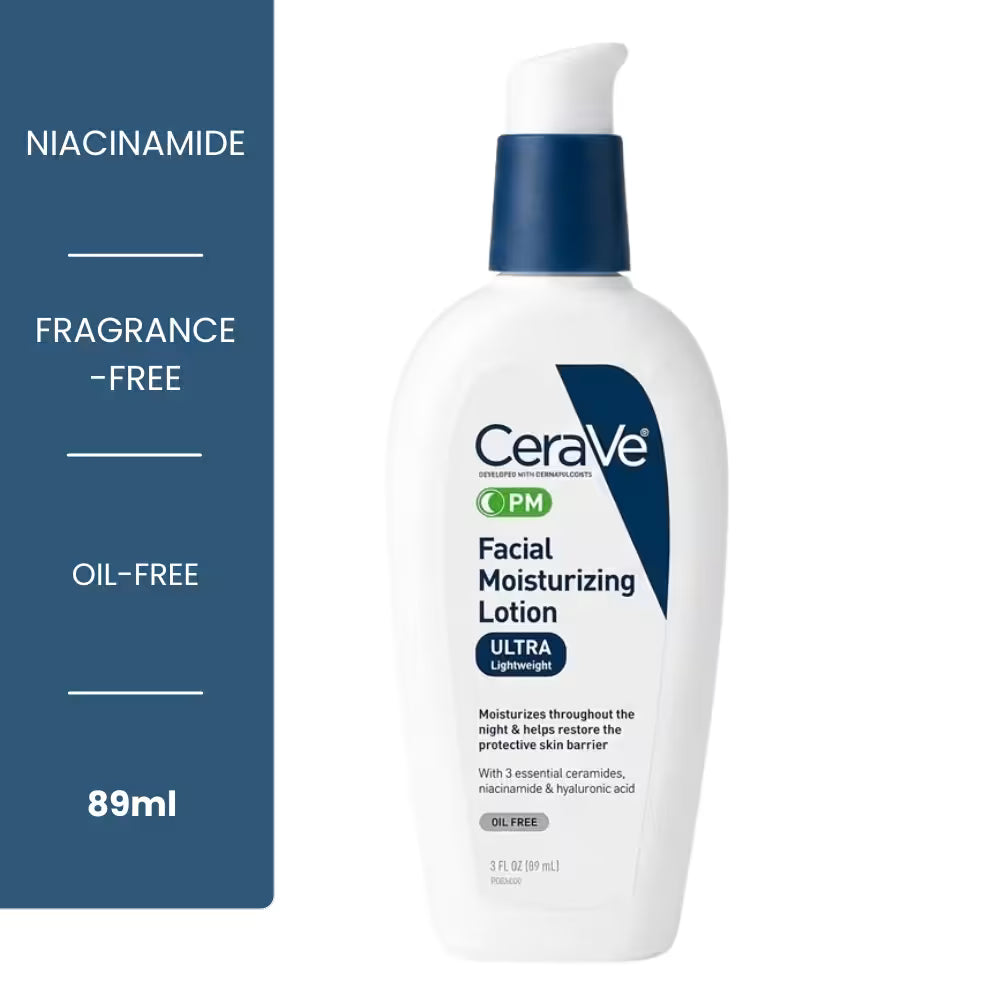 CeraVe PM Facial Moisturizing Lotion 89ml - oil-free niacinamide night moisturizer, fragrance-free, ultra lightweight