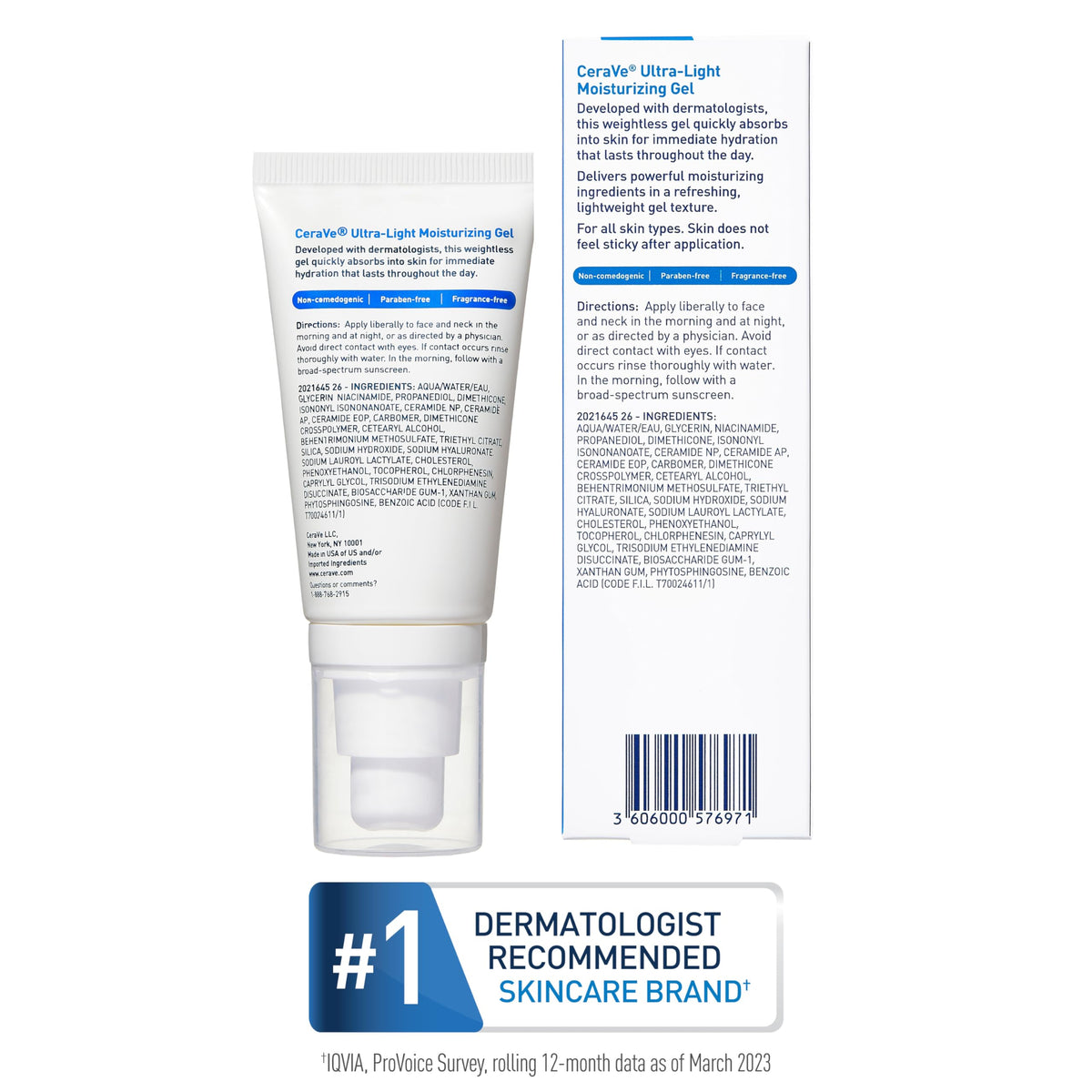 Back of CeraVe Ultra-Light Moisturizing Gel 52ml tube with usage directions - original US retail pack