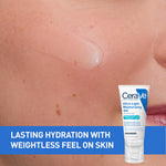 Lasting hydration with weightless feel on skin - CeraVe Ultra-Light Moisturizing Gel dab applied on cheek