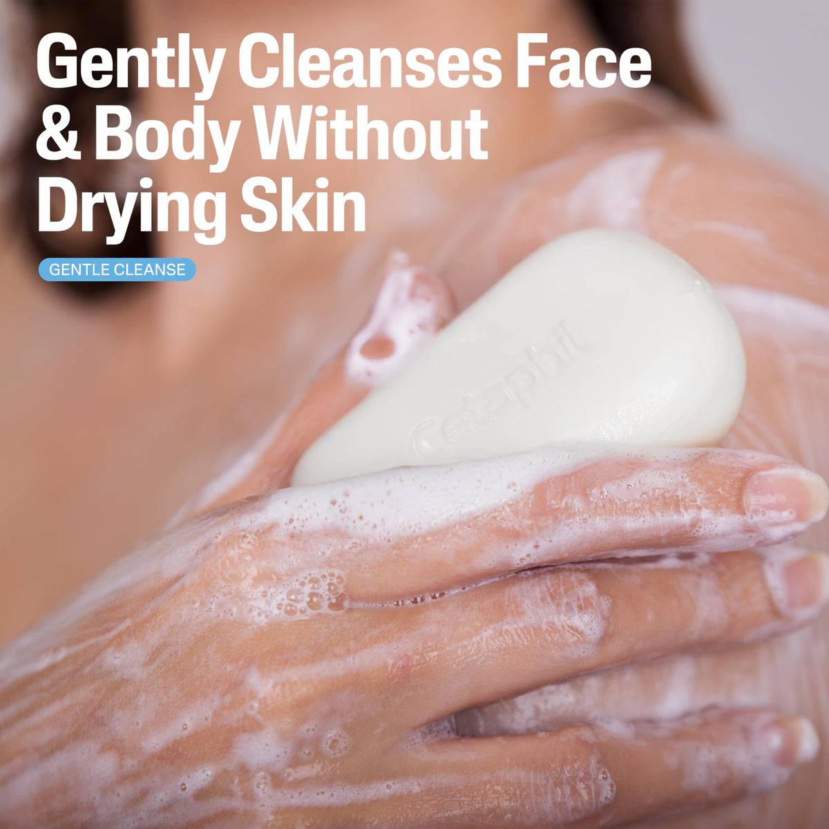 Cetaphil bar soap gently cleanses face and body without drying skin