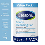 Cetaphil Gentle Cleansing Bar Soap 3-pack 127g - paraben-free hypoallergenic bar for dry sensitive skin, won't clog pores