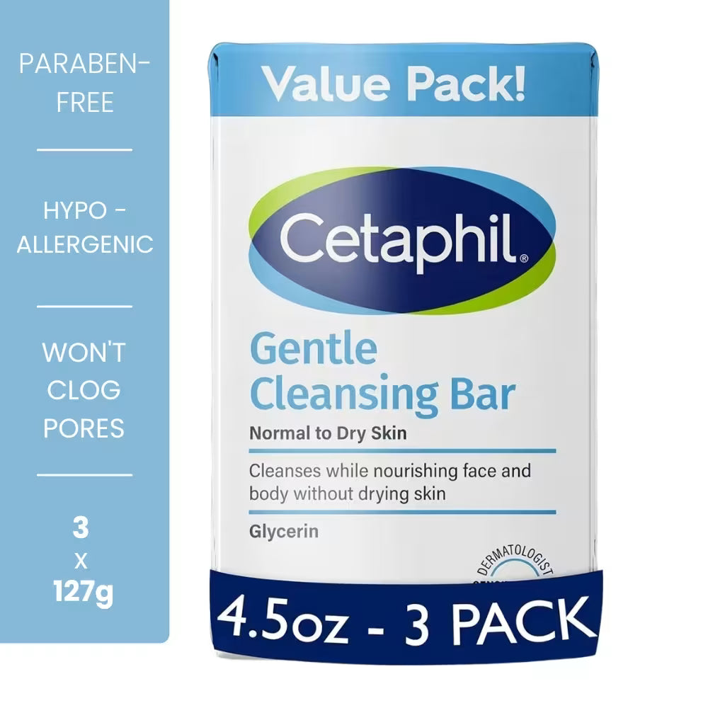 Cetaphil Gentle Cleansing Bar Soap 3-pack 127g - paraben-free hypoallergenic bar for dry sensitive skin, won't clog pores