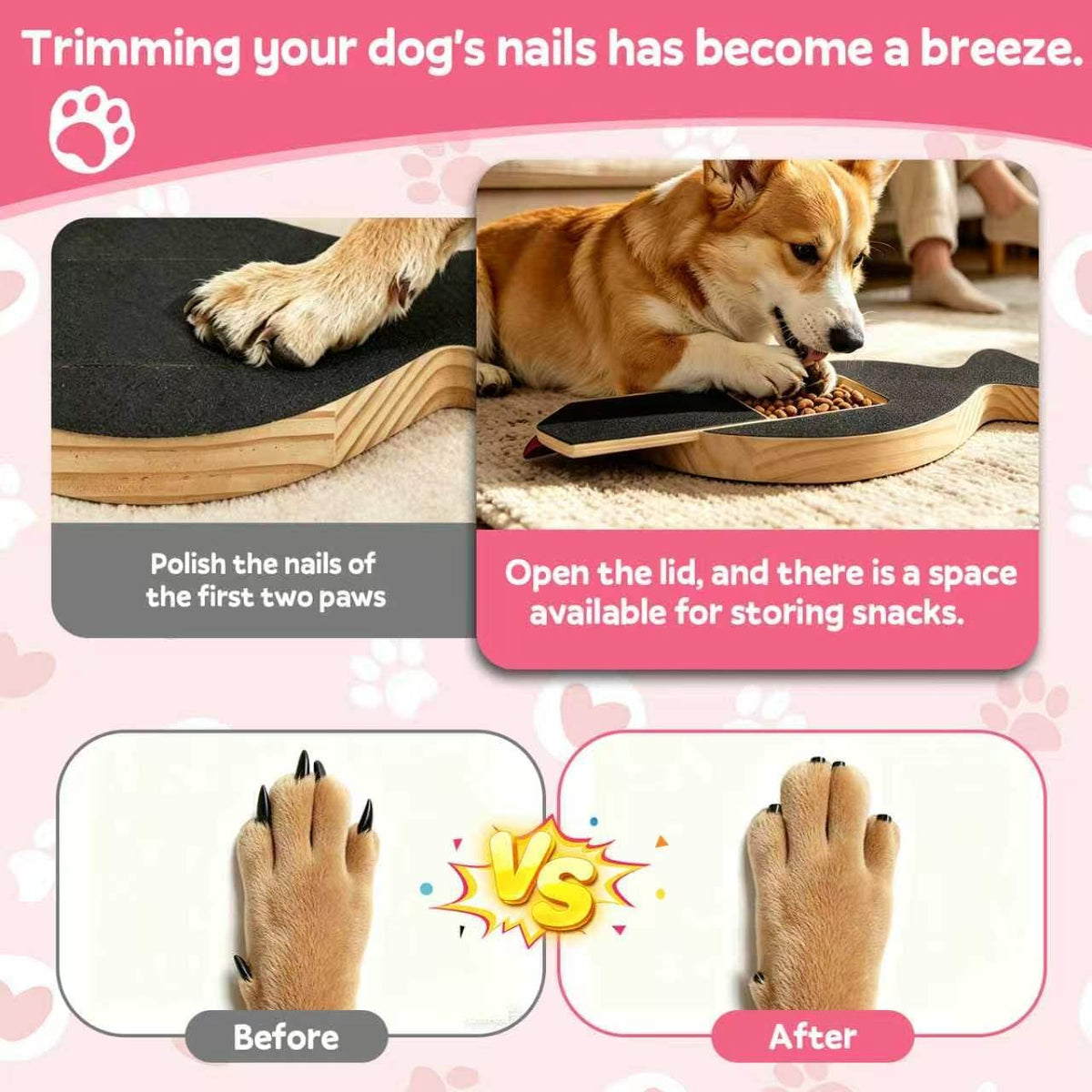 Brivel Dog Nail Scratch Board With Hidden Treat Box Natural Pine Wood Interactive Nail Filing Board With Extra Sandpapers And Non-Slip Pad