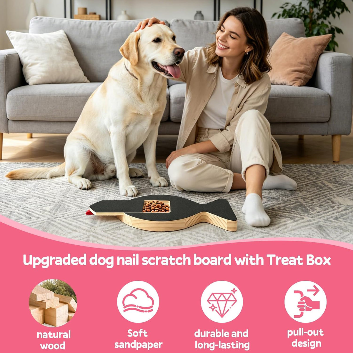Brivel Dog Nail Scratch Board With Hidden Treat Box Natural Pine Wood Interactive Nail Filing Board With Extra Sandpapers And Non-Slip Pad