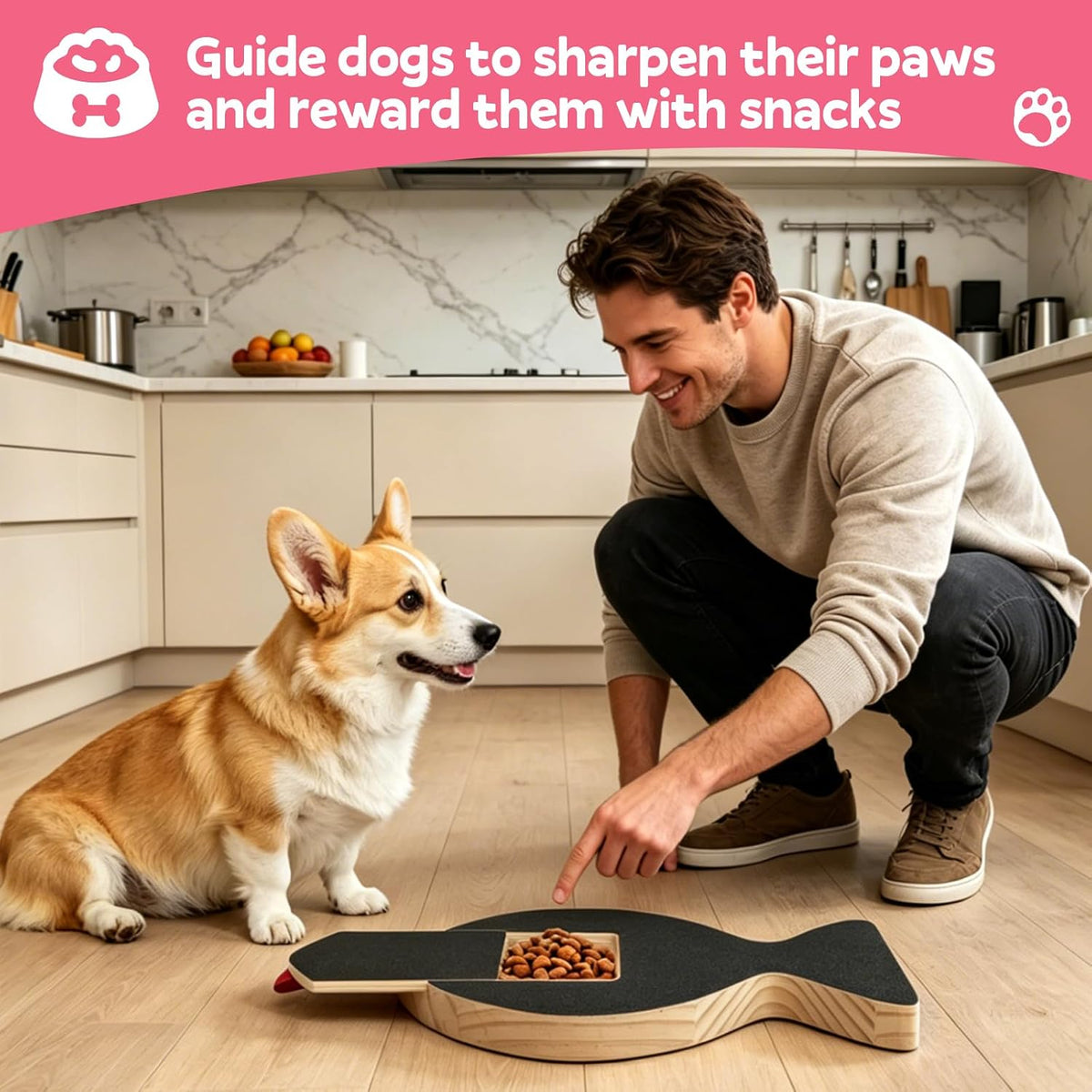 Brivel Dog Nail Scratch Board With Hidden Treat Box Natural Pine Wood Interactive Nail Filing Board With Extra Sandpapers And Non-Slip Pad
